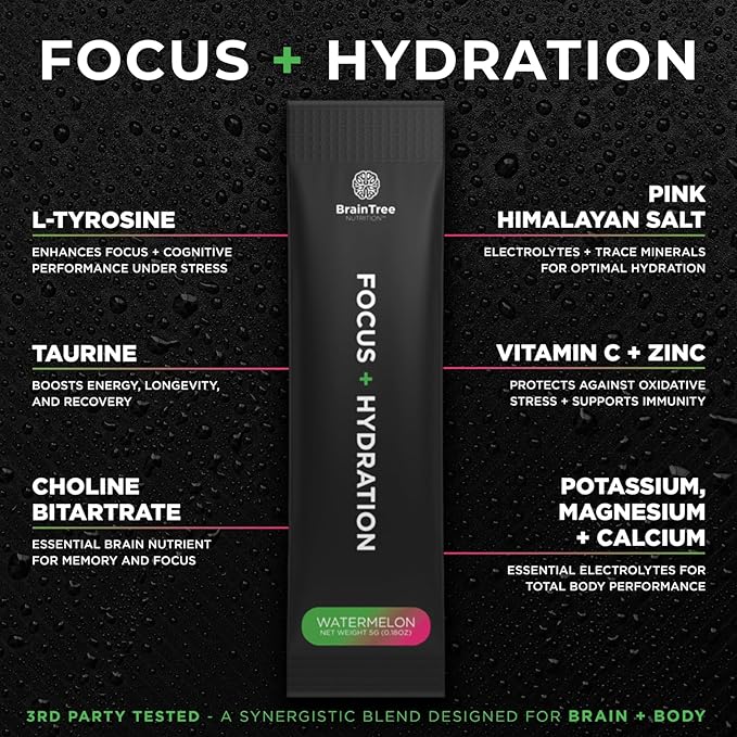 BrainTree Nutrition - Focus + Hydration - Electrolyte Drink Mix - Total Body Hydration - Supports Cognitive Function Energy &amp Muscle Recovery - Sugar Free - Watermelon - 30 Stick Packs