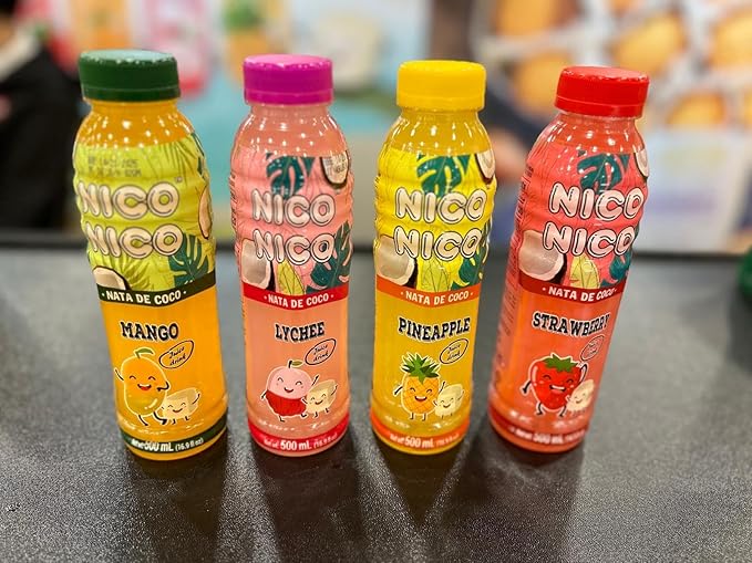 NICONICO COCONUT GEL JUICE DRINK-VARIETY PACK [16.9 fl oz Pack of 12 (3 bottle of each Mango/Lychee/Strawberry/Pineapple)] Refreshing 30% Fruit Juice Drink with Coconut Gel