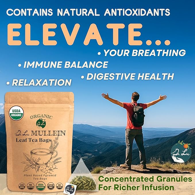 Dr. Lu’s Organic Mullein Leaf Tea | High-Altitude Grown in the Rocky Mountains | Pure Botanical Respiratory Support | 30 x 3g Premium Fill Corn Fiber Pyramid Bags (No Plastic No Nylon)