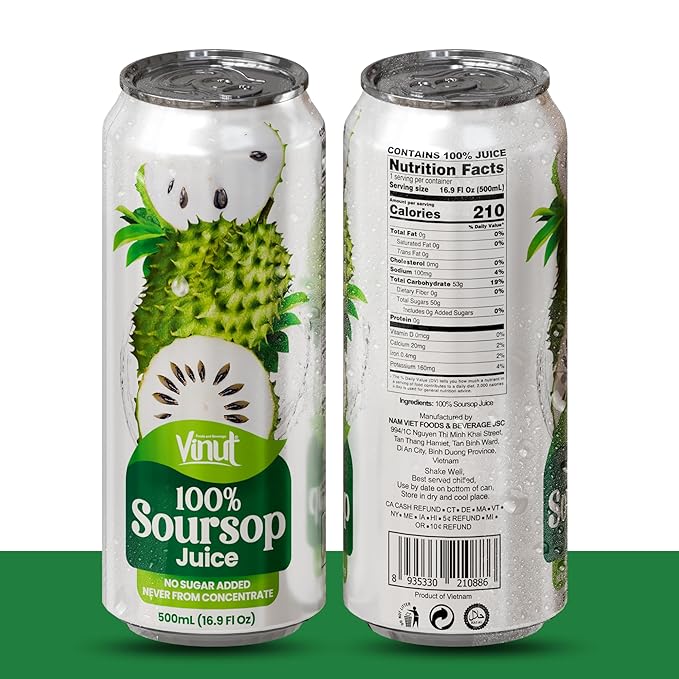 VINUT 100% Soursop Juice No Added Sugar Not From Concentrate 16.9 fl oz (500 mL) Can Pack of 6
