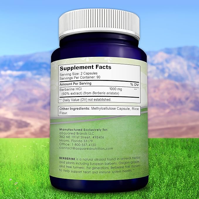 aSquared Nutrition Pure Berberine 1000mg Supplement - 180 Veggie Capsules Natural Berberine Hydrochloride HCL Plus Max Strength 1000 mg (2X 500mg) Potent Berberine Vegan Extract
