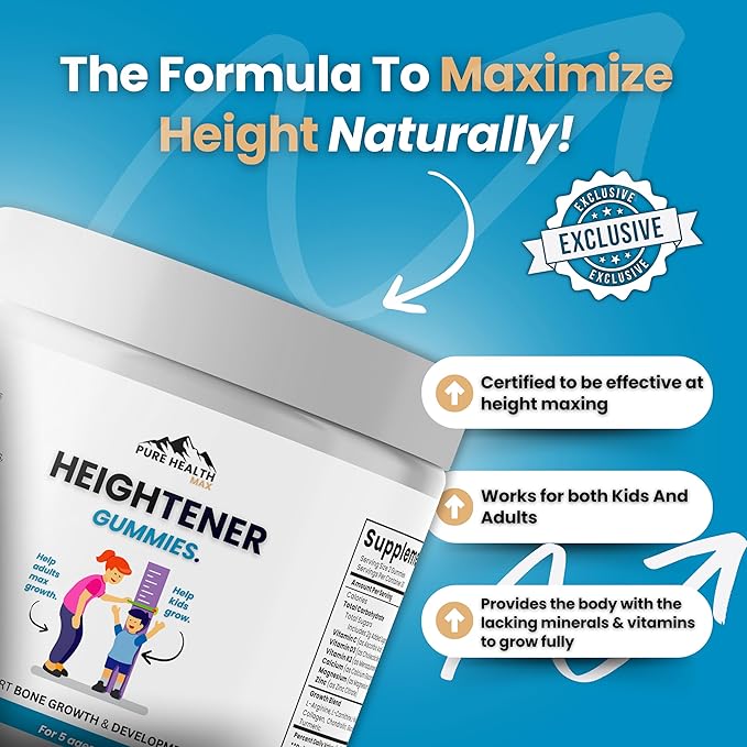 Heightener Gummies - Natural Height Growth Supplement for Kids Teens and Adults to Increase Bone Strength and Grow Tall | Height Maximizer Pills with L-Arginine Calcium &amp Zinc | 60 Gummy
