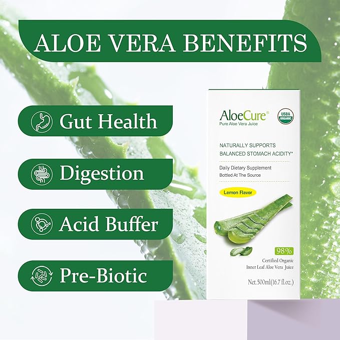 AloeCure USDA Organic Aloe Vera Juice Lemon Flavor - Made Within 12 Hours of Harvest - Natural Digestive Supplement for Balanced Stomach Acidity - Support Digestive and Immune Health 4 Btls x 16.7oz