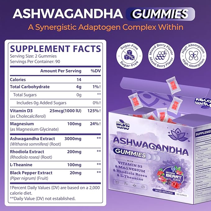 3000mg Ashwagandha Gummies for Women &amp Men 180 Count | Extra Strength Ashwagandha Supplement for Stress Relaxation &amp Immune Support | Magnesium Rhodiola L-Theanine D3 | Sugar Free Mixed B