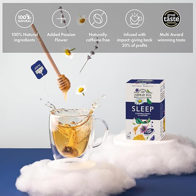 Ahmad Tea Herbal Tea Camomile Honey &amp Lavender 'Sleep' Natural Benefits Teabags 20 ct (Pack of 6) - Decaffeinated &amp Sugar-Free