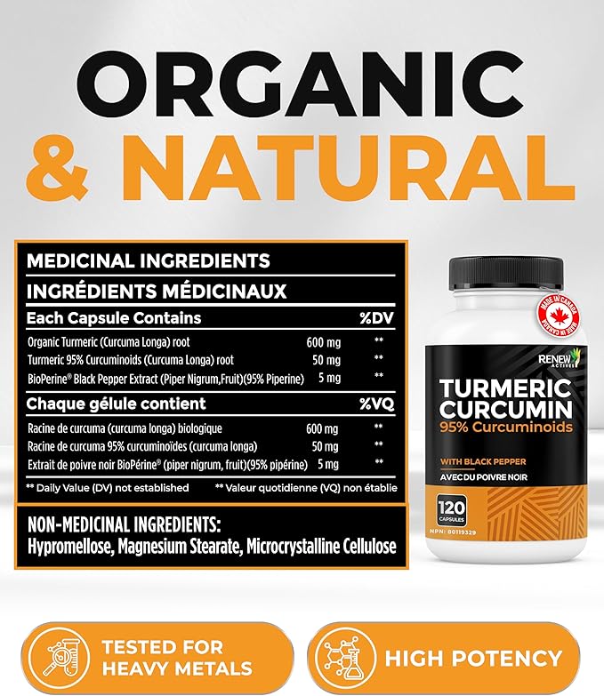 Renew Actives Turmeric Curcumin with Black Pepper – 600MG Turmeric Root 100MG Curcuminoids per 2 Capsules – Supports Digestion Liver Health Joint Relief &amp Mobility – Made in Canada – 120 Capsul