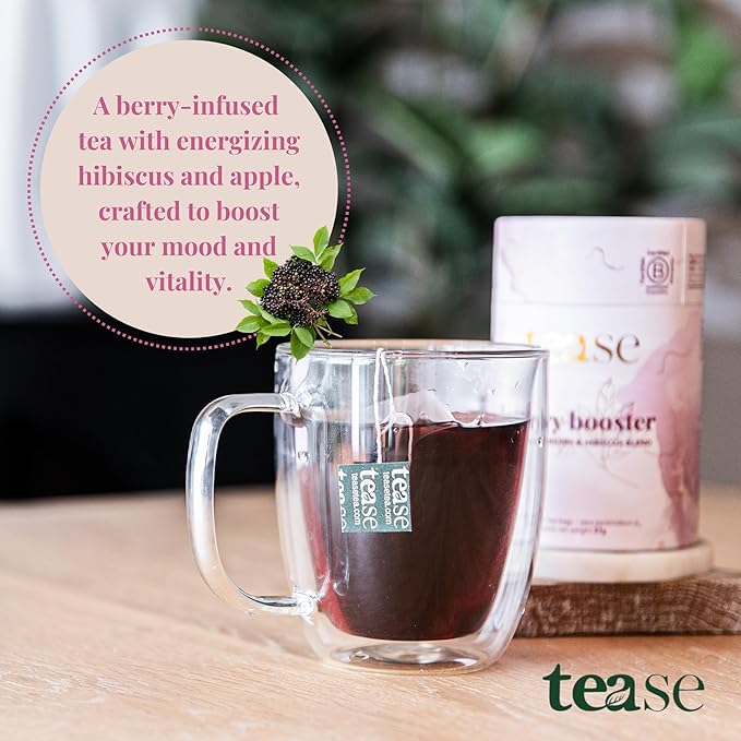 Tease Tea Organic Hibiscus Berry Booster – Elderberry Herbal Tea Caffeine-Free with Hibiscus Currant &amp Natural Flavors Supporting Daily Wellness and Vitality