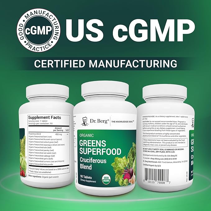 Dr. Berg's Greens Superfood Cruciferous Vegetable Tablets - Vegetable Supplements for Adults w/ 11 Phytonutrient Super Greens - Energy Immune System &amp Liver Veggie Tablets - 90 Tablet