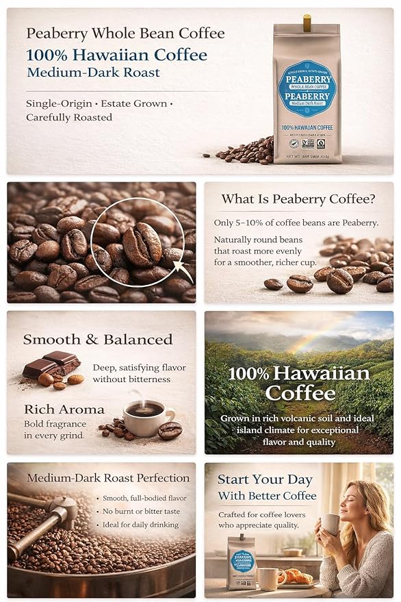 Hawaiian Peaberry Coffee Beans - Medium Dark Roast - 100% Kona Single Origin - Non-GMO Whole Bean Coffee - 16oz Premium Fresh Roasted
