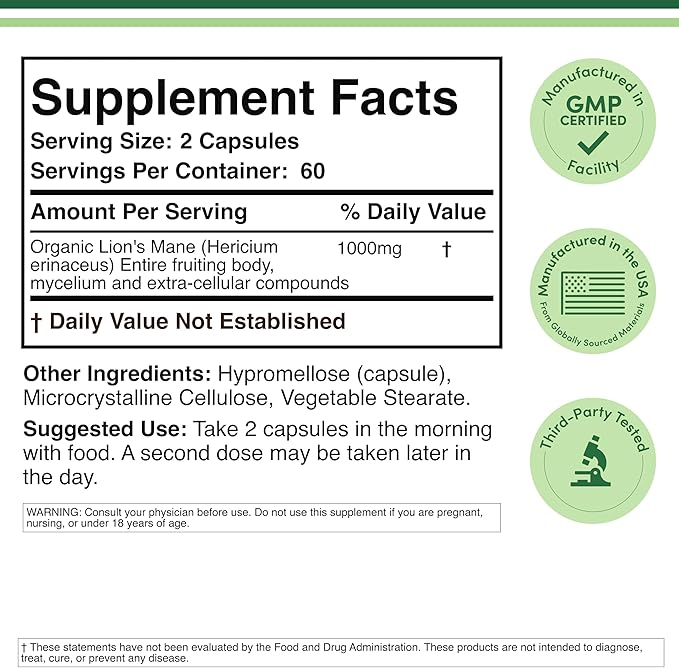 Organic Lions Mane Mushroom Capsules (120 Count) for Focus Support and Immune Health Third Party Tested and Grown in The USA - by Double Wood