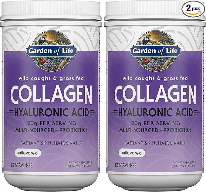 Garden of Life Marine&ampGrass-Fed Collagen Peptides Powder Supplement (Type IIII) with ProbioticsBCAAs&ampHyaluronic Acid for Radiant HairSkin-&ampNails – Unflavored20g per serving12 Servings