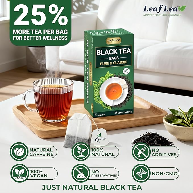 LeafLea 80 Black Tea Bags Premium Black Tea Leaves Rich Bright and Firmly Astringent Promotes Digestive Comfort &amp Steady Alertness Caffeinated Sugar-Free Vegan Enjoy Hot or Iced