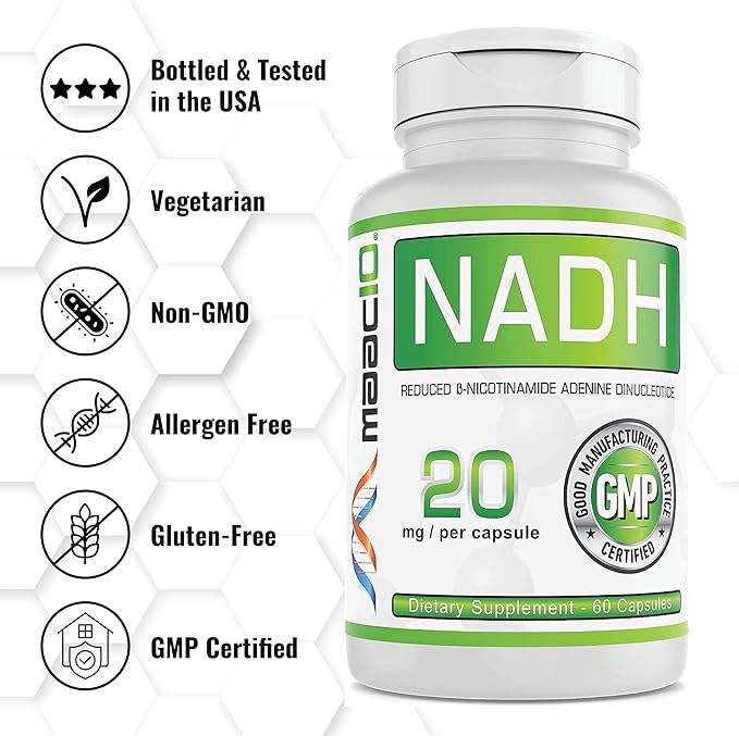 MAAC10 NADH Supplement 20mg Each 60 Capsules for Energy Fatigue Mental Focus &amp NAD+ Longevity Support | Pharmaceutical Grade 99% Pure NADH