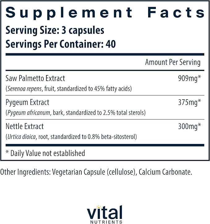 Vital Nutrients Saw Palmetto with Pygeum &amp Nettle Root - Vegan Saw Palmetto for Men Supports Healthy Prostate Function* - Gluten Dairy Soy Free - 120 Capsules