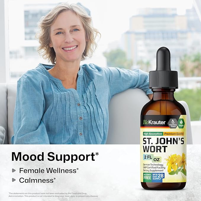 BIO KRAUTER® St Johns Wort for Calm &amp Mood Support - Vegan St. John's Wort for Relaxation &amp Emotional Wellness Support - Calm Drops 2 Fl.Oz. 28-Day Supply Alcohol &amp Sugar Free Herbal Sup