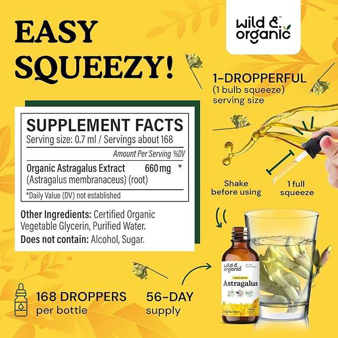 Wild &amp Organic Astragalus Root Extract Drops - Immune Support - Liquid Astragalus Supplement - Add to Tea &amp Mix with Powder - Membranaceus Herb - Vegan Sugar &amp Alcohol-Free Tincture - 4 f
