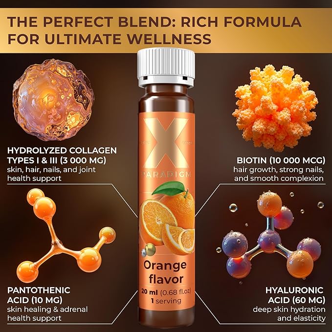 Liquid Collagen Peptides with Biotin &amp Hyaluronic Acid - 3000mg Hydrolyzed Collagen Type 1 and 3 Biotin 10000mcg Vitamins B5 B6 C &amp E - Liquid Collagen Shots for Women and Men
