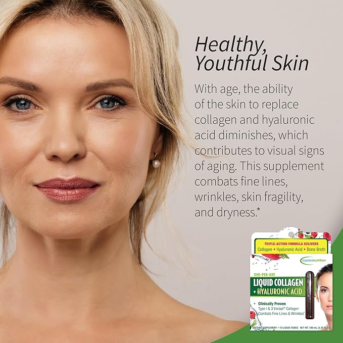 Applied Nutrition Liquid Collagen + Hyaluronic Acid - 10 Liquid Tubes Pack of 2 - Skin &amp Nail Restoration - Mixed Berry Flavor - 20 Servings