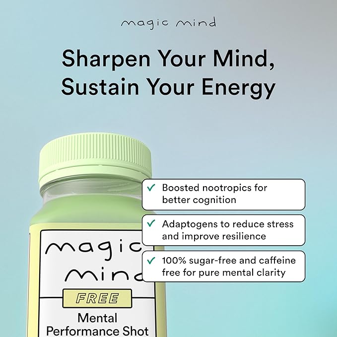 Magic Mind FREE Energy and Focus Drink Shots - Stress Relieving No Jitters Ashwagandha Vitamin B12 Vitamin C Matcha Green Tea Functional Mushrooms Caffeine Free - 2 FL Oz (15 Pack)