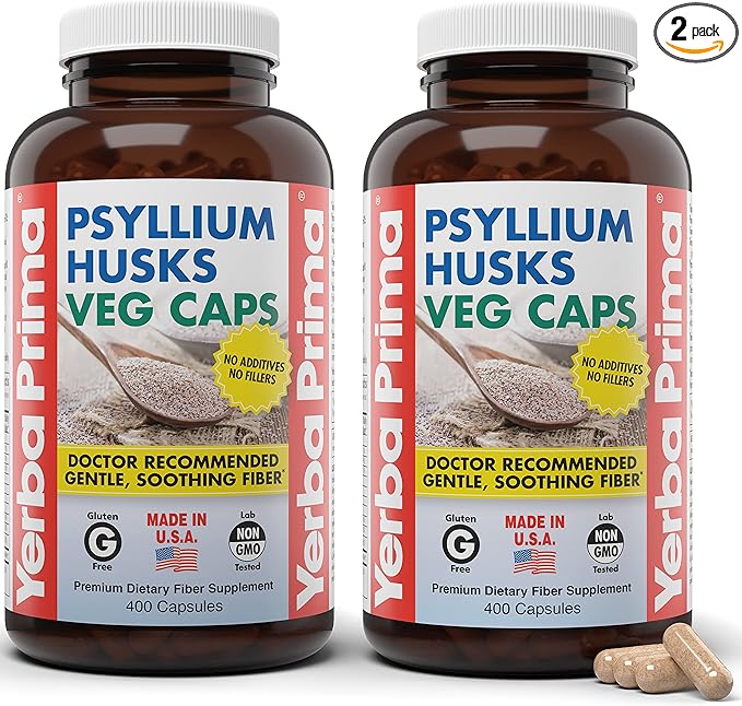 Yerba Prima Psyllium Husks Veg Caps 400 Capsules (625mg) (Pack of 2) - Vegan Non-GMO Gluten Free Colon Cleanser Daily Fiber Supplement for Gut Health &amp Regularity