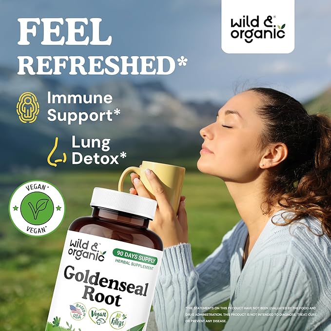 Wild &amp Organic Goldenseal Root Capsules 1000mg - Immune &amp Lung Support - 180 Goldenseal Powder Capsules - 90 Days Supply - Vegan No Fillers Non-GMO