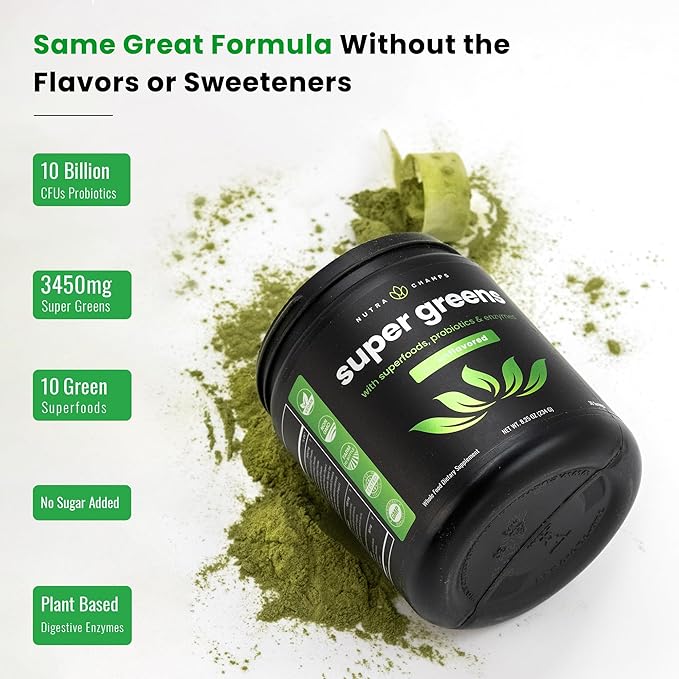 NutraChamps Super Greens Powder Premium Superfood | 20+ Organic Green Veggie Whole Foods | Alfalfa Spirulina Chlorella &amp More | Antioxidant Digestive Enzyme &amp Probiotic Blends | Unflavored