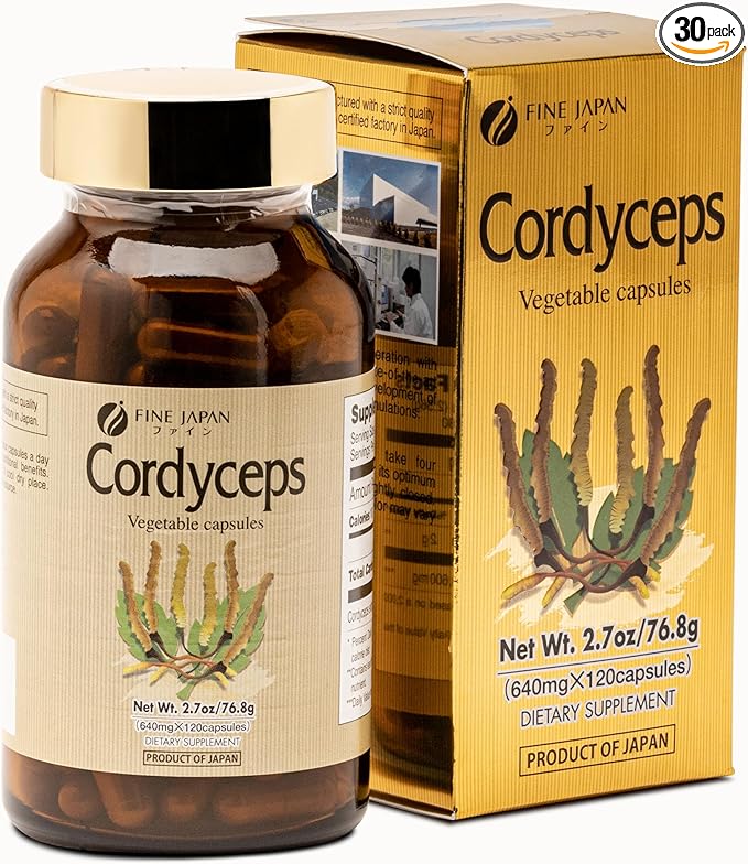 FINE JAPAN Cordyceps Mushroom Capsules - Premium Cordyceps Militaris and Sinensis Extract for Optimal Health Benefits 100% Authentic Cordyceps in Easy-to-Swallow Capsules