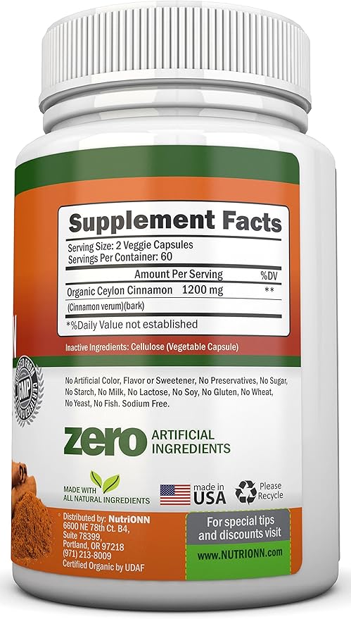 Organic Ceylon Cinnamon 1200 mg | 120 Vegan Capsules | True Cinnamomum verum from Sri Lanka | Non-GMO Third-Party Lab Tested Low Coumarin GMP Certified