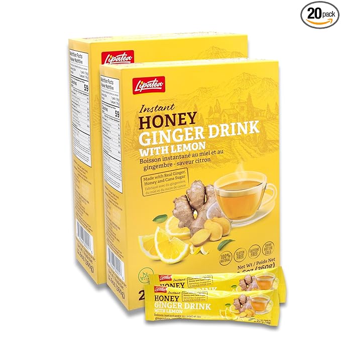 Lipatea Instant Honey Ginger Drink with Lemon Caffeine Free Tea Gluten Free 100% Natural Lemon tea | Enjoy Hot or Cold (Pack of 2)
