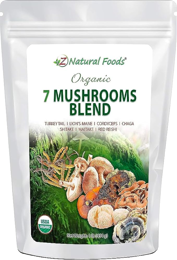 Z Natural Foods Organic 7 Sacred Mushrooms Blend - Lion’s Mane Cordyceps Chaga Red Reishi Shiitake Maitake - Organic Mushroom Powder for Coffee Smoothies 1 lb