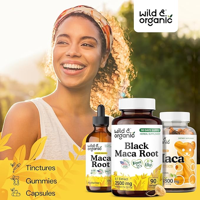 Wild &amp Organic Black Maca Root Capsules for Men &amp Women 500 mg - Maca Root Extract for Overall Support - 90 Vegan Capsules - Women &amp Men Supplement - 90 Days Supply - Non-GMO No Fillers