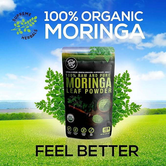 100% Raw and Pure Moringa Leaf Powder. Organic Certified Moringa Leaf. Natural Superfood with Essential Amino Acids Antioxidants and Omega 3 8 oz Resealable Bag.