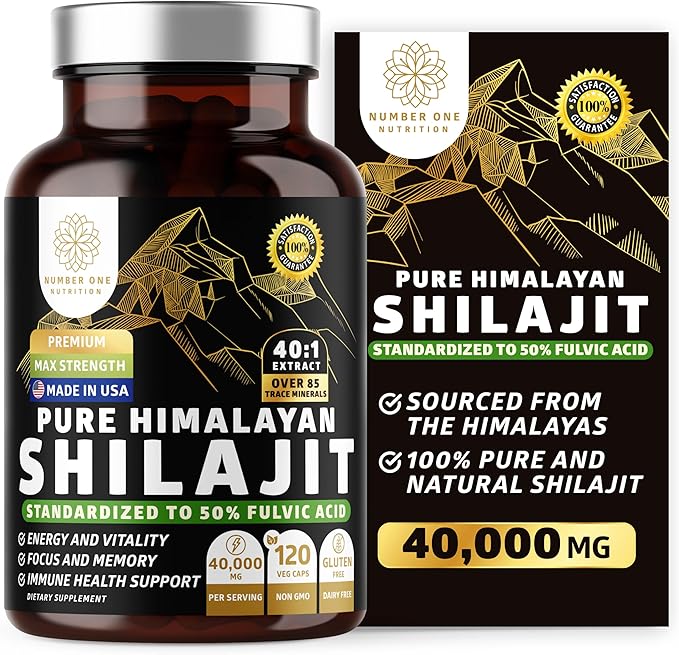 Pure Himalayan Shilajit Supplement for Men and Women [40000MG Max Strength] Contains 50% Fulvic Acid with Over 85 Trace Minerals to Support Energy Brain and Immunity 120 Veg Caps