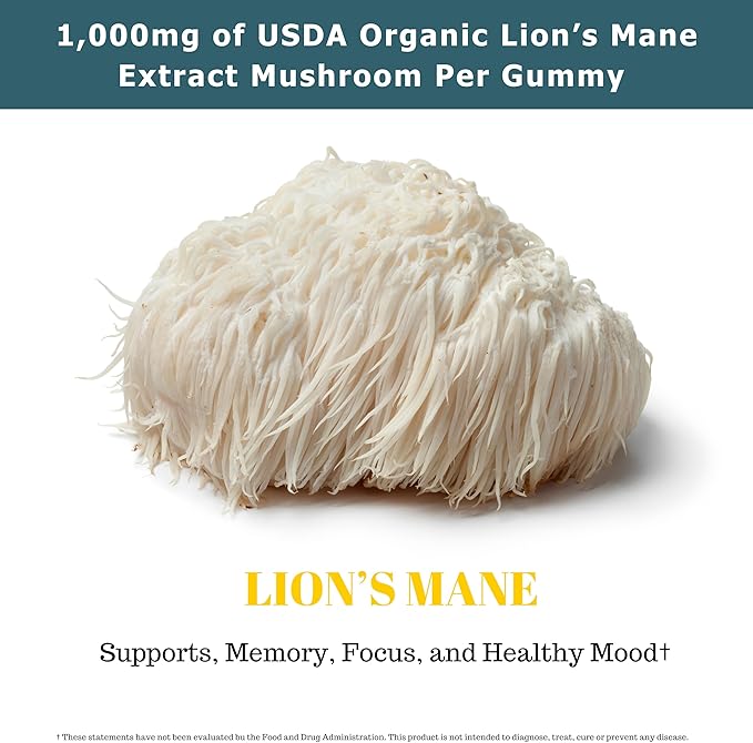 Organic Lion's Mane Mushroom Gummies | 90 Servings | Brain Health Focus Clarity &amp Memory Mushroom Supplement Gummies | 90 Organic Lions Mane Gummys for Adults