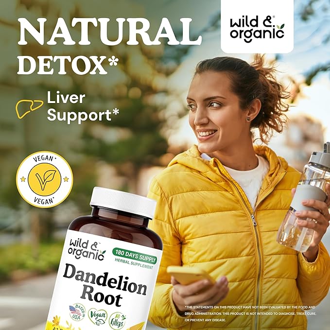 Wild &amp Organic Dandelion Root Capsules - Liver Supplement - 2000 mg of Fresh Dandelion Root Powder per Capsule - 180 Vegan Capsules - 6 Month Supply - No Fillers Non-GMO