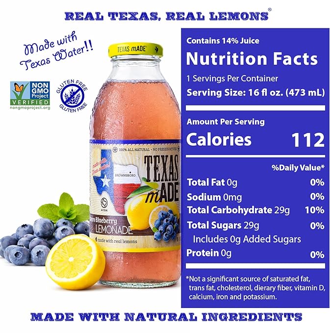 Texas mADE Brownsboro Blueberry Lemonade NON GMO Verified Lemonade Made with Pure Cane Sugar and Blueberry Flavor No Preservatives Texas Crafted Lemonade 16 fl oz Pack of 12