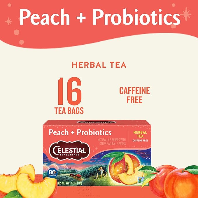 Celestial Seasonings Peach + Probiotics Herbal Tea Caffeine Free 16 Tea Bags Box (Pack of 6)