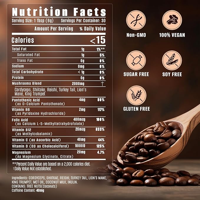 10-in-1 Mushroom CoffeeInstant Coffee with Lion’s Mane Cordyceps &amp Turkey Tail plus Ashwagandha Magnesium &amp MultivitaminsMixed With Arabica Instant Boosting Coffee for Balanced Energy &am