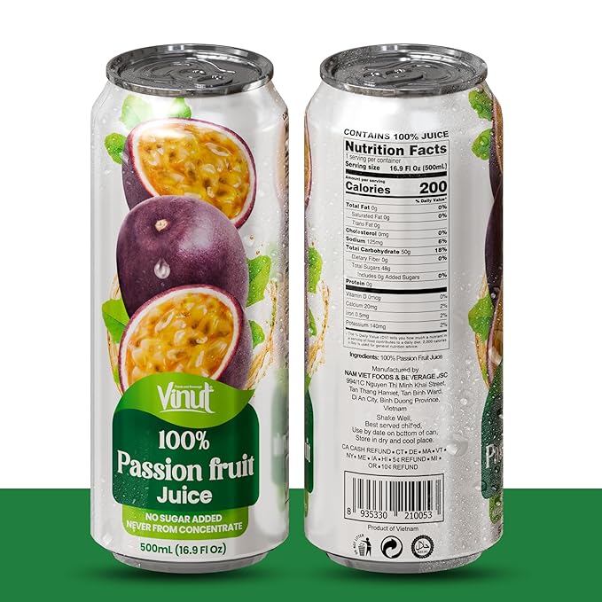 VINUT 100% Passion Fruit Juice No Added Sugar Not From Concentrate 16.9 fl oz (500 mL) Can Pack of 12