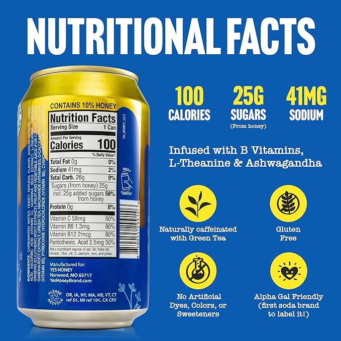 Yes Honey Sparkling Berry Tea 11oz (12-Cans) 100% Honey-Sweetened Functional Tea Alpha Gal Friendly With Green Tea Caffeine B Vitamins &amp Ashwagandha