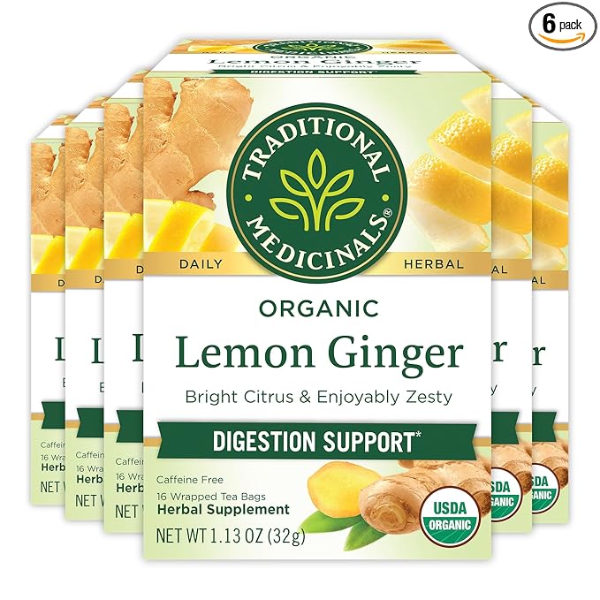 Traditional Medicinals Organic Lemon Ginger Herbal Tea Promotes Healthy Digestion Kosher Non-GMO Caffeine-Free Compostable - 96 Count (Pack of 6)