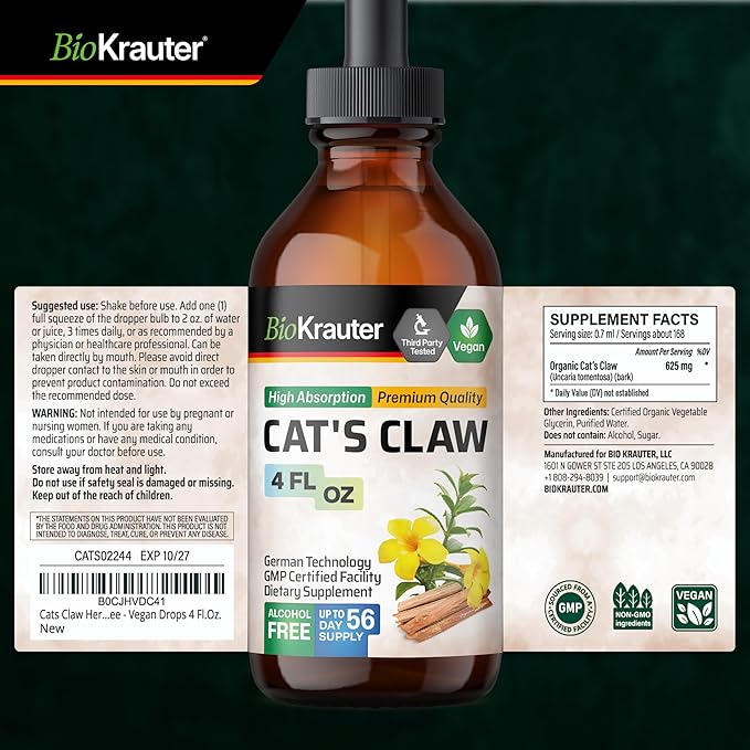 BIO KRAUTER® Сats Сlaw - Liquid Drops Pure Vegan Cats Claw Herb Supplement 625 mg per Serving 4 Fl.Oz 56-Day Supply - Used for Digestive &amp Immune Support Natural Antioxidant - Alcohol &amp Sugar