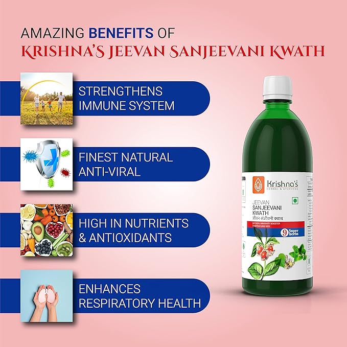 KRISHNA'S HERBAL &amp AYURVEDA Jeevan Sanjeevani Kwath - 500 ml Enriched with Aloe Vera Amla Giloy Tulsi Ashwagandha and 4 More Herbs Natural Immunity Booster 500 ml (Pack of 1) Multicolour