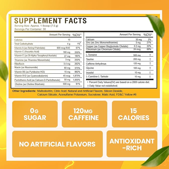 Morning Buzz Energy Drink Powder - Energy Boost Drink Mix - Sugar-Free Energy with Antioxidants - Morning Kickstart and Sports Nutrition Endurance Product - 30 Servings Orange Burst 8 Ounces