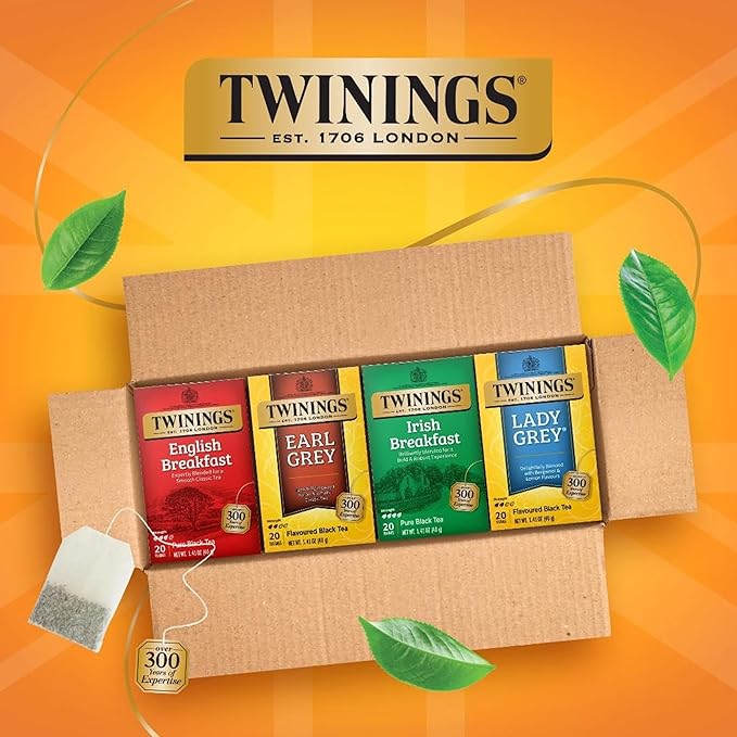 Twinings Variety Pack Black Tea Bags 20 Count (Pack of 4) Includes English Breakfast Earl Grey Irish Breakfast and Lady Grey Caffeinated Enjoy Hot or Iced 80 Teabags