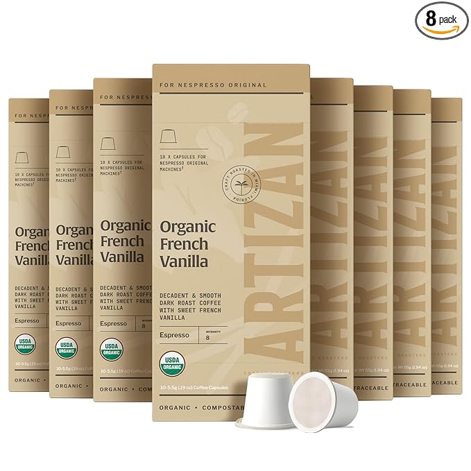 Artizan Coffee USDA Organic Espresso Coffee Capsules For Nespresso Original | French Vanilla Flavored | 80 Compatible Compostable Pods