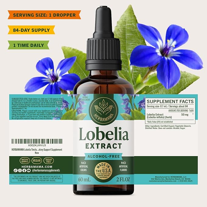 HERBAMAMA Lobelia Tincture - Vegan Lobelia Leaf Extract for Lung Detox &amp Cleanse - Respiratory Lung Support Drops - Non-GMO Alcohol &amp Sugar-Free Respiratory Support Supplement