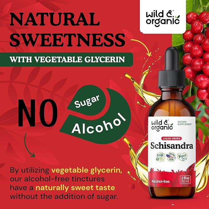 Wild &amp Organic Schisandra Berry Extract Drops 500 mg - Relaxing Schisandra Supplement - Liquid Chinensis Tincture - Vegan Sugar &amp Alcohol-Free - 2 fl oz