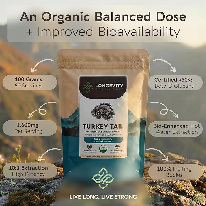Organic Turkey Tail Mushroom Powder Supplement 10:1 Extract 100g | Trametes Versicolor 100% Fruiting Body | ≥30% Beta-D-Glucans | 60 Servings of 1660mg | Immune Gut &amp Digestive Wellness Support