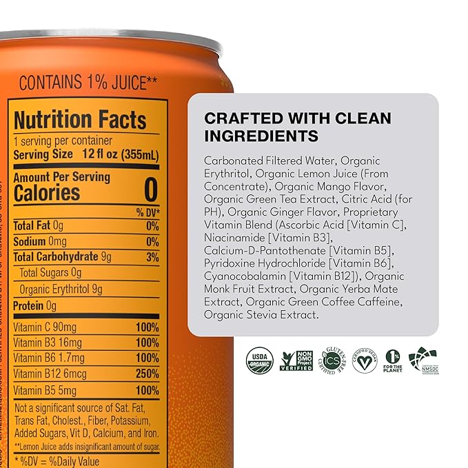 Marquis Natural Energy Drinks Sugar Free Zero Calories 100mg Organic Plant Based Caffeine Yerba Mate Green Tea &amp Green Coffee - Vitamin C &amp Bs - Mango Ginger Healthy Energy Drink - 12oz Cans